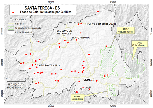 Distribui&ccedil;&atilde;o dos 50 focos de
calor detectados por sat&eacute;lites.