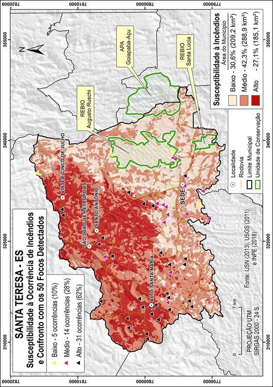 Cartografia de Susceptibilidade a
Inc&ecirc;ndio confrontada com os 50 focos de inc&ecirc;ndios
detectados por sat&eacute;lites em Santa Teresa - ES.