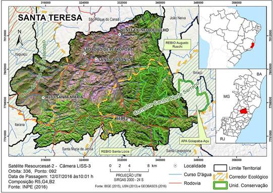 Imagem sat&eacute;lite
Resourcesat-2 fusionada com o Modelo Digital de Eleva&ccedil;&atilde;o (MDE) destacando o
Munic&iacute;pio, os Corredores Ecol&oacute;gicos e as Unidades de Conserva&ccedil;&atilde;o