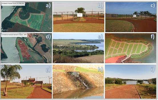 Novos loteamentos localizados no entorno do reservatório da Usina Mourão I a Imagem de satélite do condomínio fechado Quinta dos Mourões b Entrada do condomínio c Imagem de Satélite do condomínio fechado Balneário Veleiro d Panorâmica do Balneário e Maquete estrutural do balneário f Entrada do balneário g Fonte da entrada do condomínio h Marina privativa do condomínio
