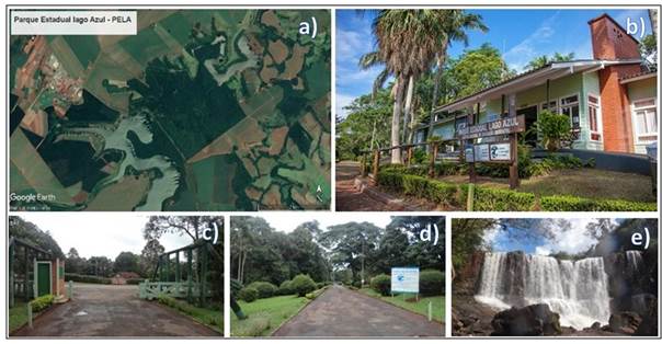 – Parque Estadual Lago Azul – PELA a Imagem de satélite do Parque Estadual Lago Azul b Recepção do Parque c Entrada do parque d Trilha principal e Salto São João
