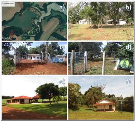 moradias de menor poder aquisitivo em chácaras rurais a Imagem de satélite da localização das chácaras rurais b c d e Residências rurais f Igreja católica da comunidade rural