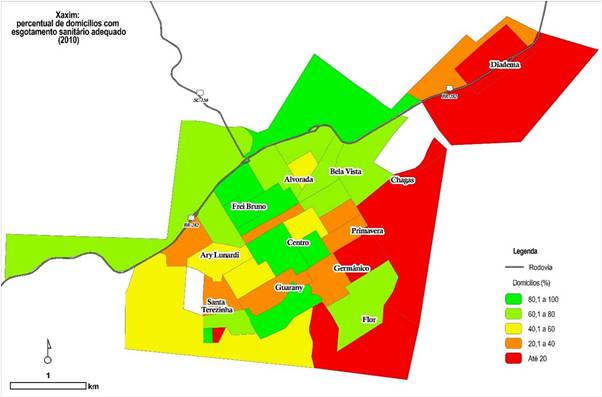 Percentual de domicílios com
esgotamento sanitário adequado –  
setores censitários urbanos de Xaxim