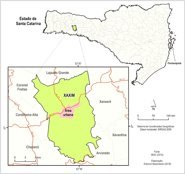 Localização do munícipio de Xaxim no Estado de Santa Catarina
