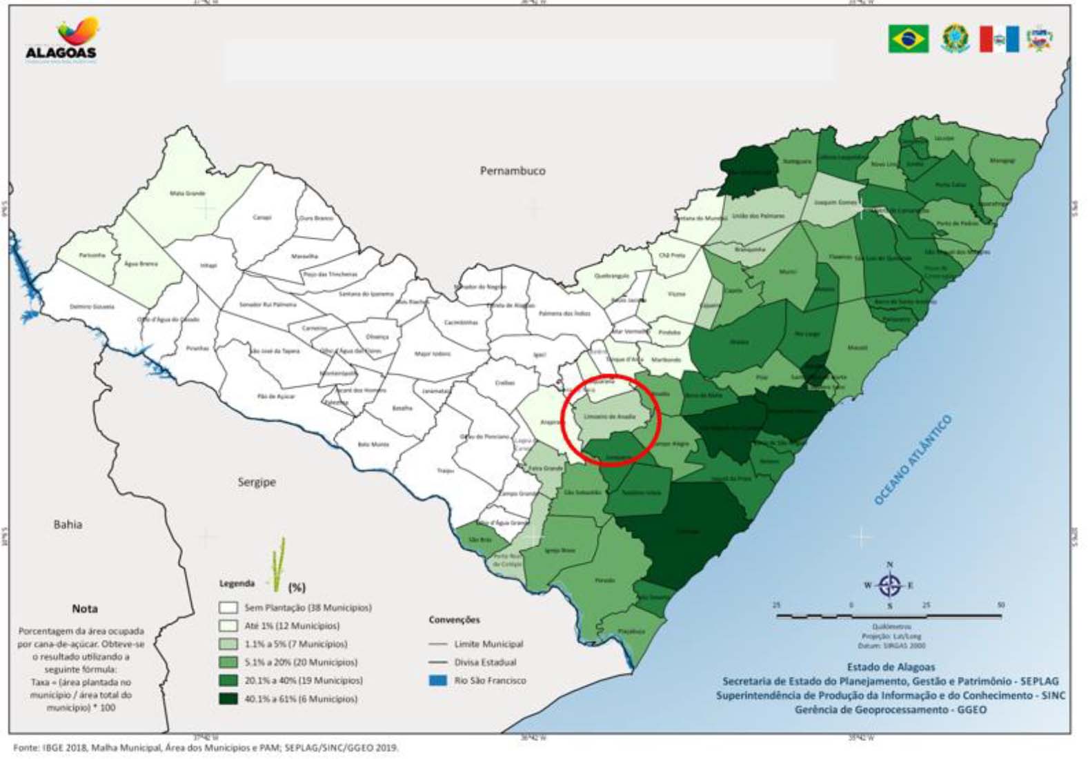 Área ocupada pela cana-de-açúcar em Alagoas (%) - 2018