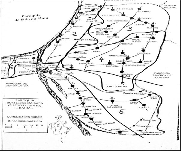 Figura 1 — Mapa esquemático das comunidades campesinas e quilombolas ribeirinhas do município de Bom Jesus da Lapa/BA