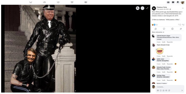 Fotomontagem de Trump e Bolsonaro vestidos de couro