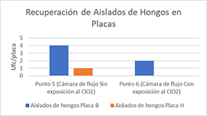 Recuperación de aislados de hongos en placas enriquecidas para el
cultivo, donde se observa la diferencia entre el número de aislados recuperados
entre la cámara de flujo expuesta al ClO2 y la cámara que no fue
expuesta al desinfectante