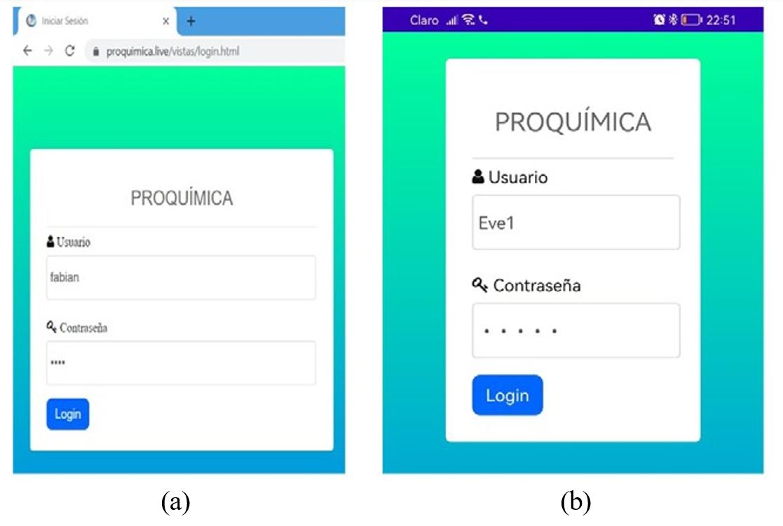 Autenticación del sistema SGM-ELC (a) página web;
(b) aplicación móvil