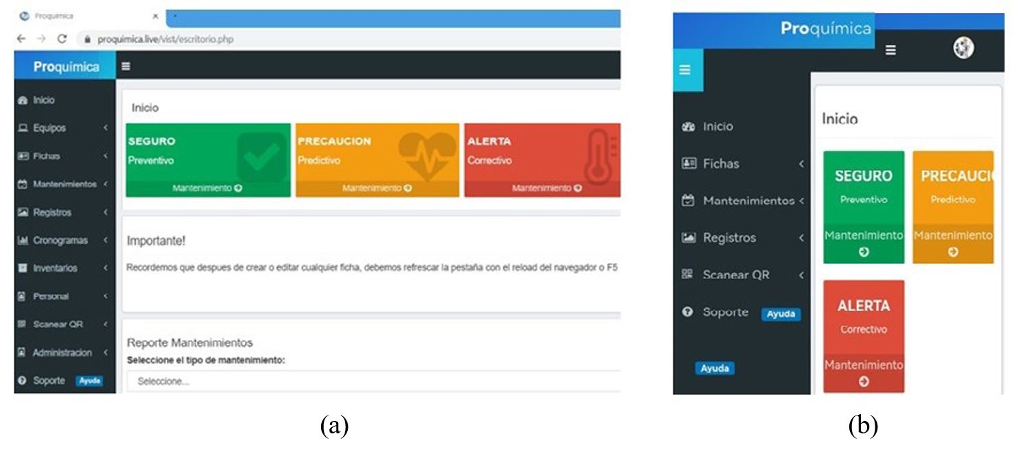 Interfaz del sistema SGM-ELC (a) página web; (b) aplicación móvil