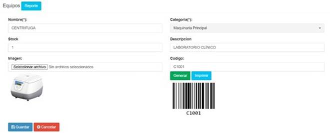 Información registrada de la
centrífuga que se visualiza en un documento en formato
PDF