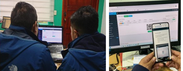 Participantes realizando las pruebas de usabilidad del sistema SGM-ELC en la empresa Proquímica (a) interacción con la página web; (b)
acceso a la aplicación móvil