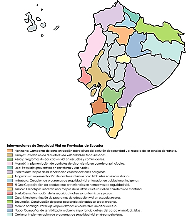 Mapa de intervenciones de seguridad vial en provincias de Ecuador
