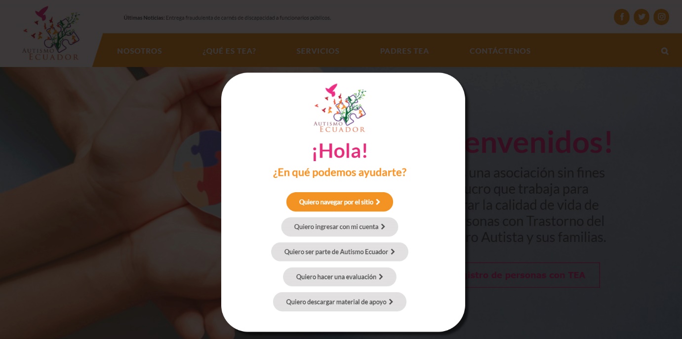Pop-up de bienvenida al sitio web