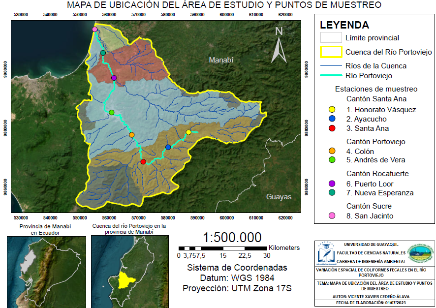Mapa de ubicaci&oacute;n del &aacute;rea de estudio y puntos de muestreo en localidades de los cantones Santa Ana, Portoviejo, Rocafuerte y Sucre por donde atraviesa el r&iacute;o Portoviejo