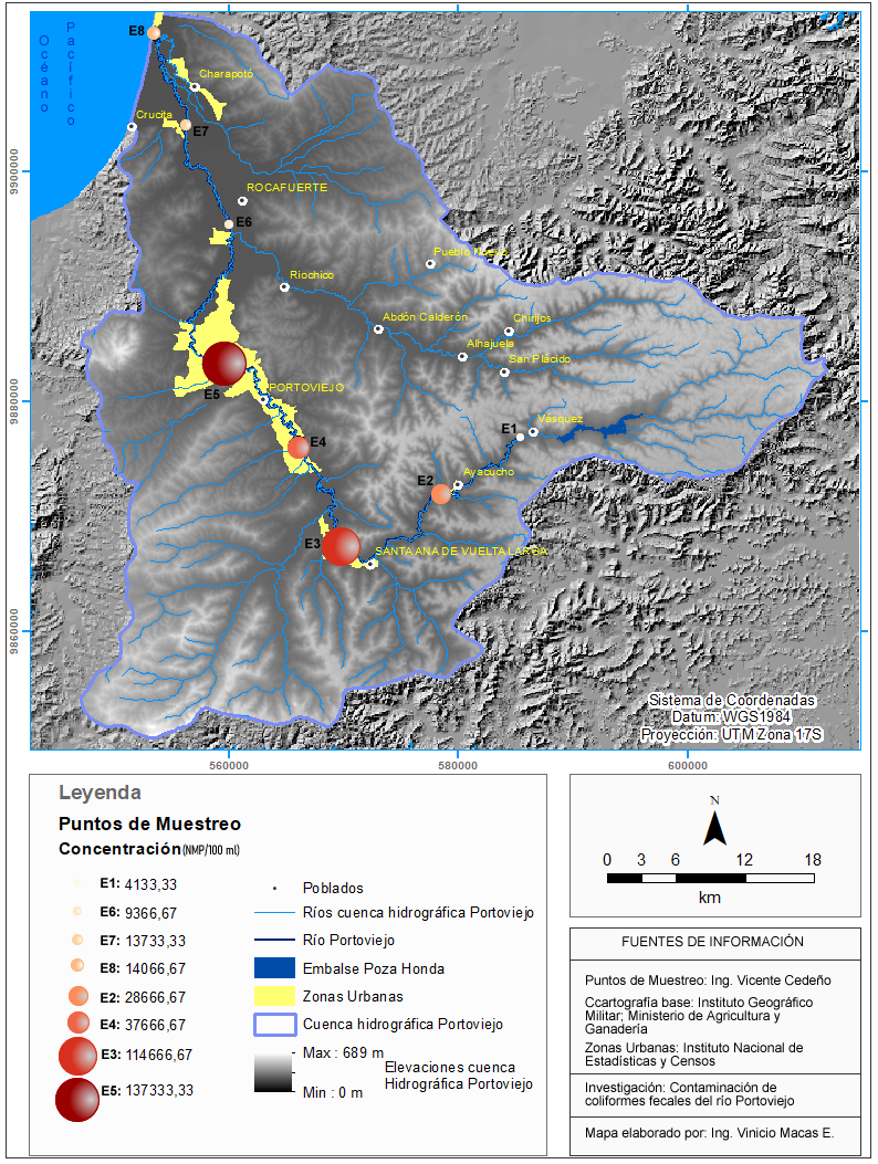 Mapa de variaci&oacute;n espacial de coliformes fecales en NMP/100 ml en el r&iacute;o Portoviejo