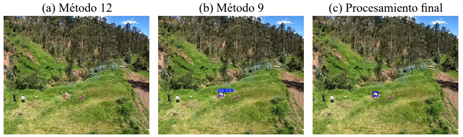 Imágenes obtenidas mediante el procesamiento del método 9, método 12 y solución integral en cada variación del escenario 2