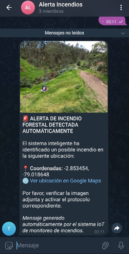 Alerta generada automáticamente por el sistema final una vez detectado y confirmado el siniestro hacia la aplicación de Telegram