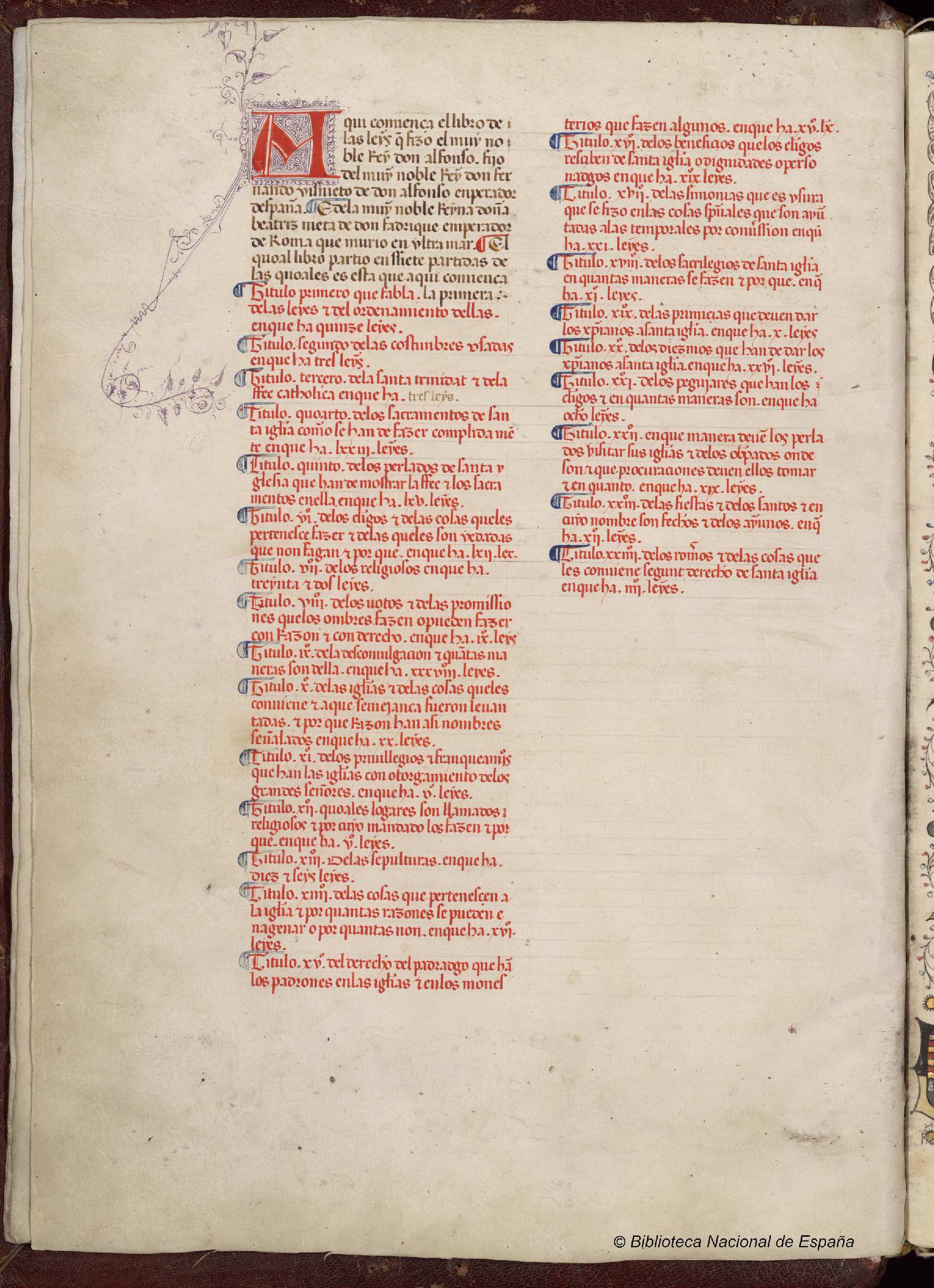  BNE VITR/4/6, fol. 5. Tabla de t&iacute;tulos de la Primera Partida