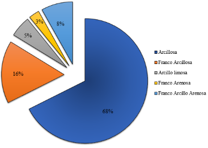 Distribuci&oacute;n gr&aacute;fica en % de las clases texturales en el municipio El Rama