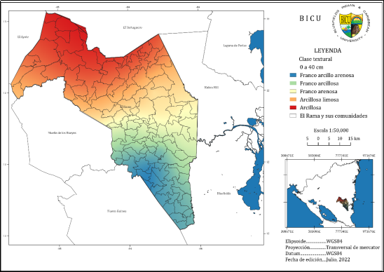 Mapa de las clases texturales y su distribuci&oacute;n en el municipio El Rama.