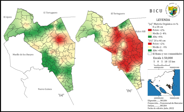 Mapa de niveles de Materia 0rg&aacute;nica en los suelos en estudio a profundidades de 0 a 40 cm