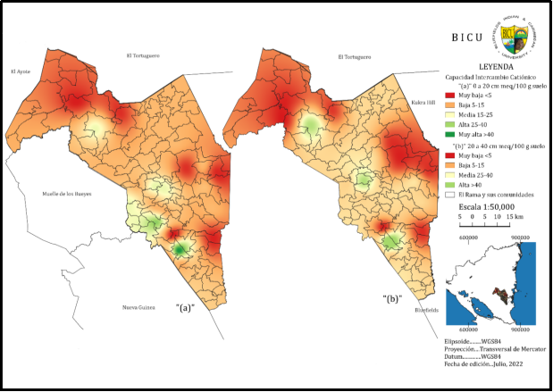 Mapa de niveles de CIC en los suelos en estudio a profundidades de 0 a 40 cm.