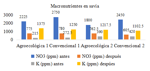 Concentración de macronutrientes (NO₃⁻ y K⁺) en savia antes y después del manejo agroecológico y convencional.
