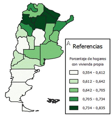 Distribuci&oacute;n provincial de hogares con vivienda propia en Argentina (2022)