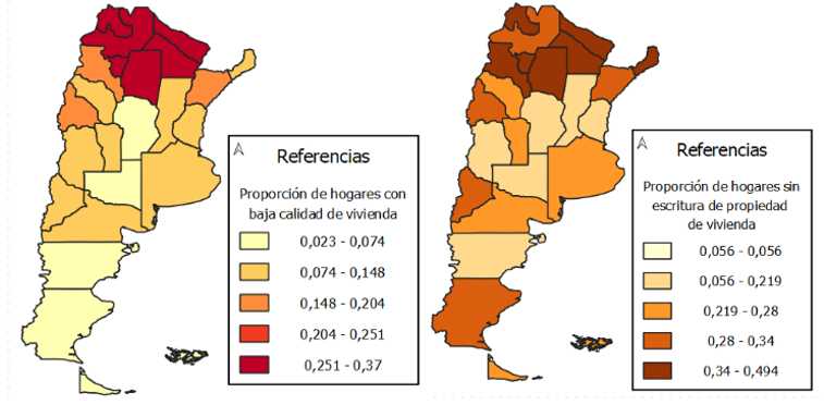Distribuci&oacute;n provincial de hogares con baja calidad de materiales de vivienda y sin escritura de propiedad en Argentina (2022)